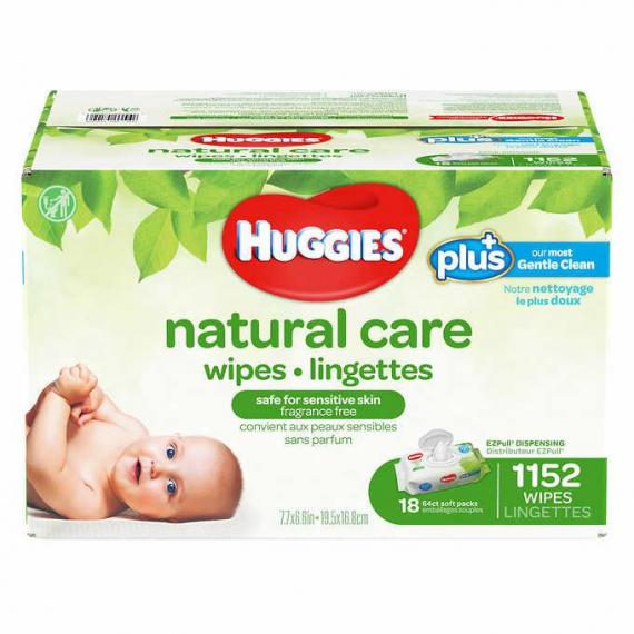 Lingettes Huggies Natural Care Plus, paquet de 18 de 64