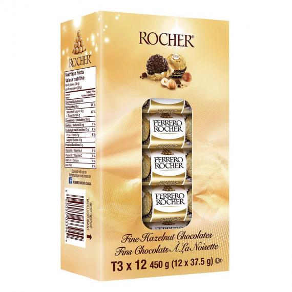FERRERO ROCHER T3 Fine Hazelnut Chocolates, 12 x 37.5 g