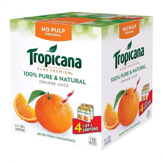 Tropicana Original Orange Juice, No Pulp, 4 x 1.89 L