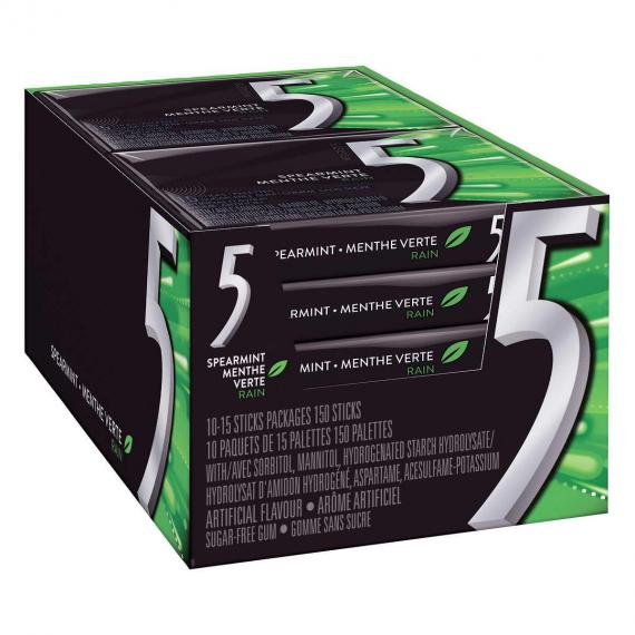 Wrigley’s 5 - Gomme sans sucre menthe verte rain 10 paquets de 15