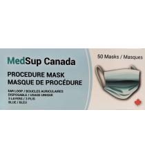 MedSup Canada Masque de Procédure, Boucles Auriculaires, Usage Unique, 3 Plis, Bleu, 50 Masques