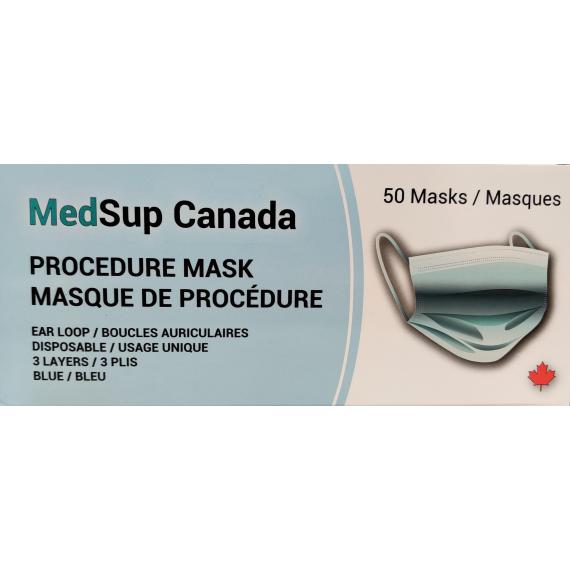 MedSup Canada Masque de Procédure, Boucles Auriculaires, Usage Unique, 3 Plis, Bleu, 50 Masques