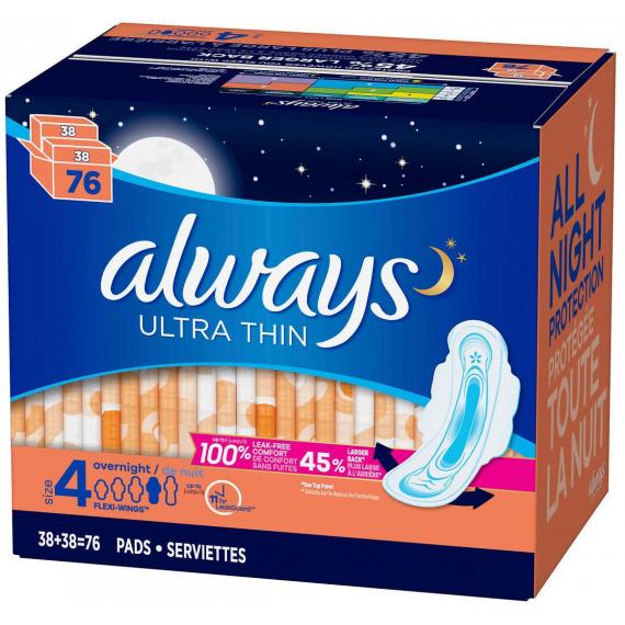 Always Ultra Thin Overnight Pads, 2-pack of 38