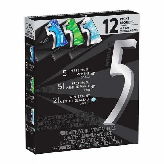 Wrigley’s 5 Sugar-free Gum, Variety Pack, 15 sticks, 12-pack