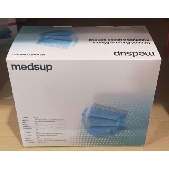 MedSup Canada Masque de Procédure, Boucles Auriculaires, Usage Unique, 3 Plis, Bleu, 100 Masques