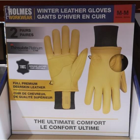 Holmes Winter Leather Gloves, Full Premium Deerskin Leather 2 Pairs Sizes: M-XL