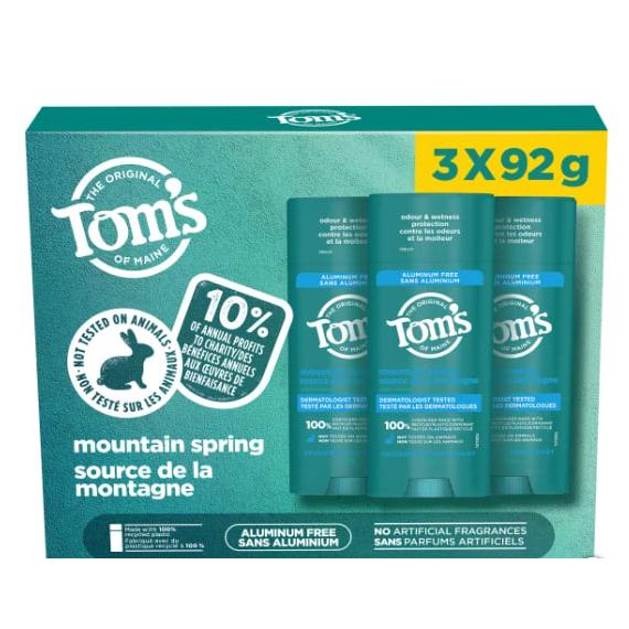 Déodorant naturel Tom’s of Maine pour hommes et femmes, 3 x 92 g