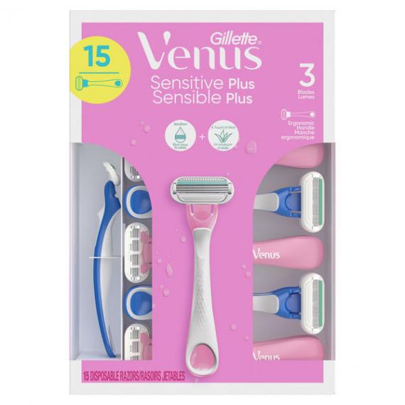 Rasoirs jetables Gillette Venus Sensitive pour femmes, boîte de 15